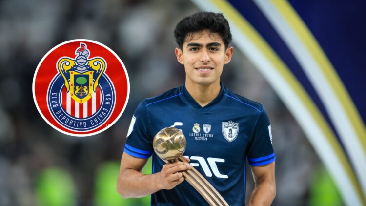 Elías Montiel, futbolista del Pachuca. Y el escudo de Chivas, equipo de la Liga MX.