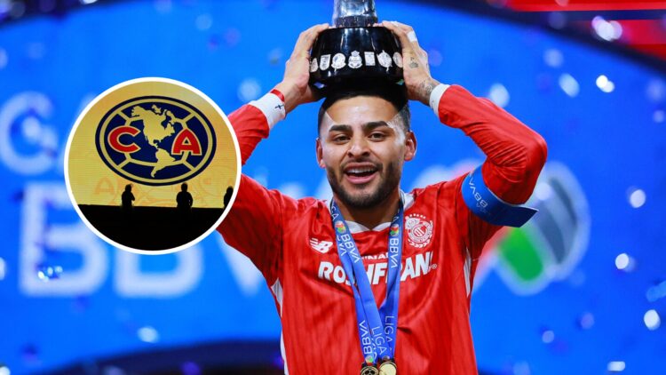Alexis Vega, campeón de la Liga MX con Toluca, y el escudo del Club América.