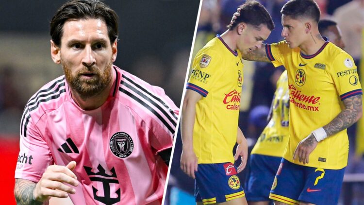 Imagen creada en la que se muestra a Lionel Messi con el Inter Miami y Brian Rodríguez y Álvaro Fidalgo con el Club América