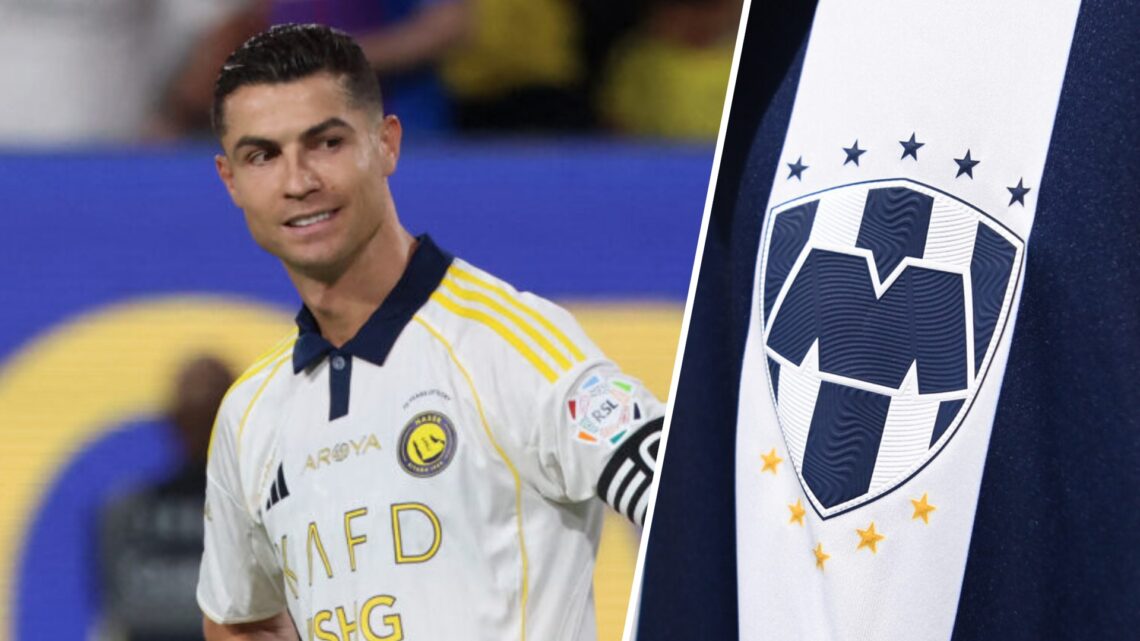 Cristiano Ronaldo, futbolista de Al Nassr, y el escudo de Rayados de Monterrey.