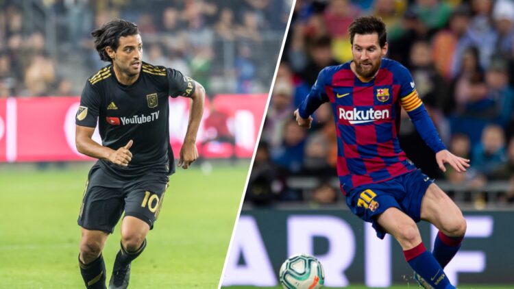 Carlos Vela and Lionel Messi playing for LAFC and Barcelona