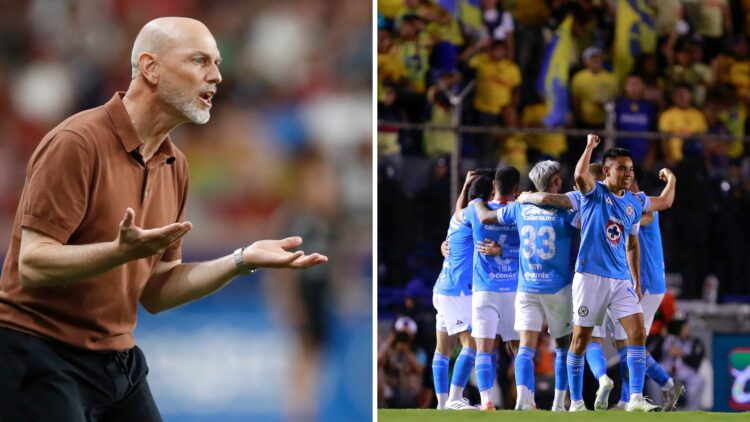 Jesper Sorensen reclama durante un partido del Vancouver Whitecaps / Jugadores de Cruz Azul celebran el 0-1 de Lorenzo Faravelli al América