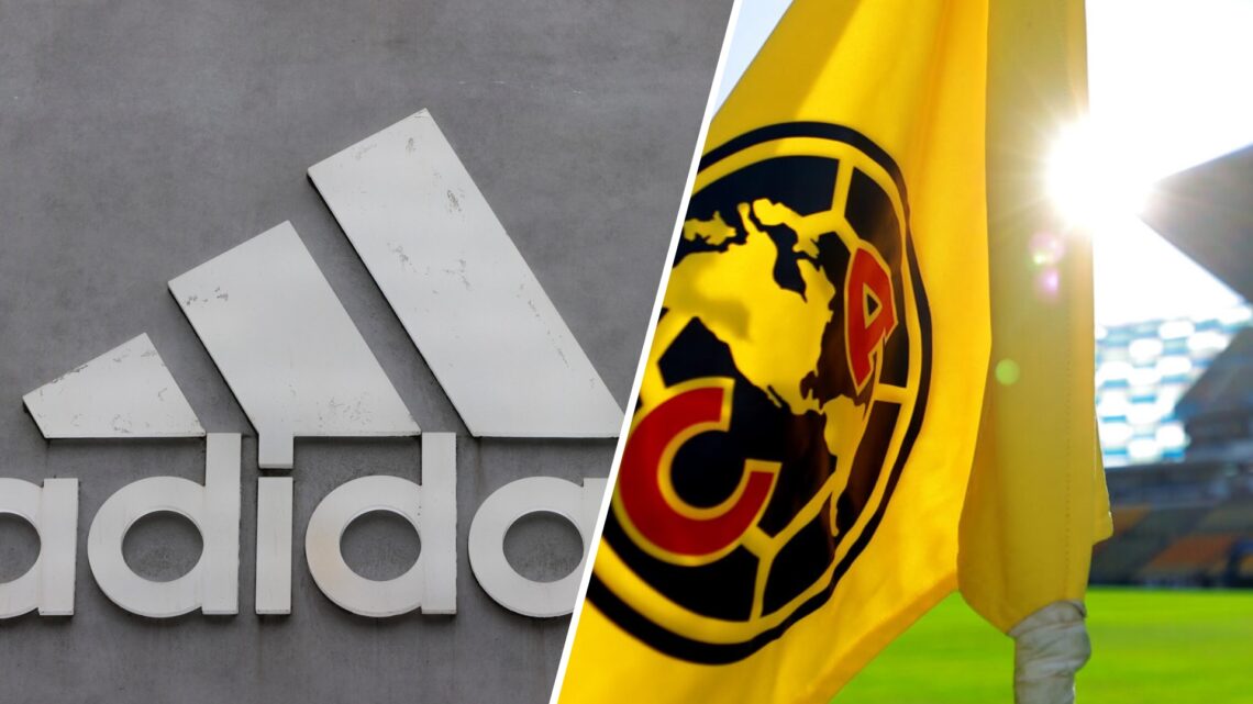 Imagen compuesta de una fotografía del logo de Adidas en un pared y una bandera con el escudo del Club América