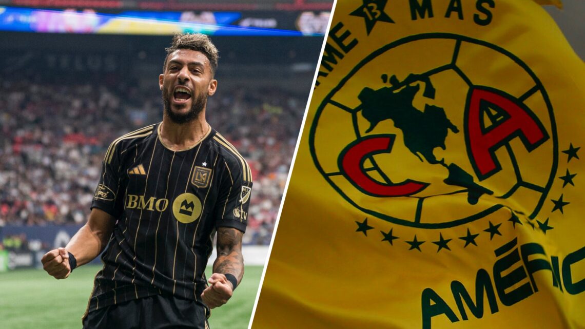 Denis Bouanga en un partido con el LAFC y una bandera del Club América