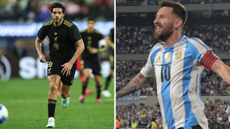 Raúl Jiménez en el partido entre México y Canadá / Lionel Messi celebra un gol con Argentina