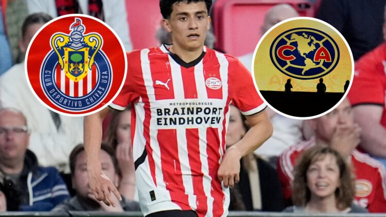 En la imagen principal, Richard Ledezma, futbolista del PSV Eindhoven. En los círculos, los escudos de Chivas y América, de la Liga MX.