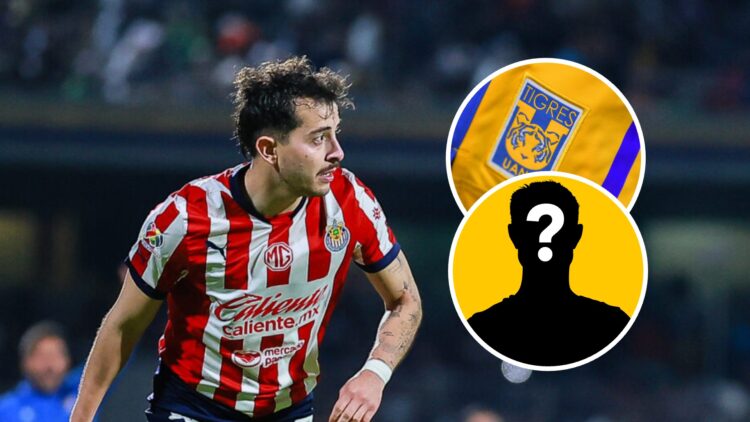 En la imagen principal, Alan Mozo, futbolista de Chivas. En el círculo superior, el escudo de Tigres UANL, en el círculo inferior, una silueta de u...