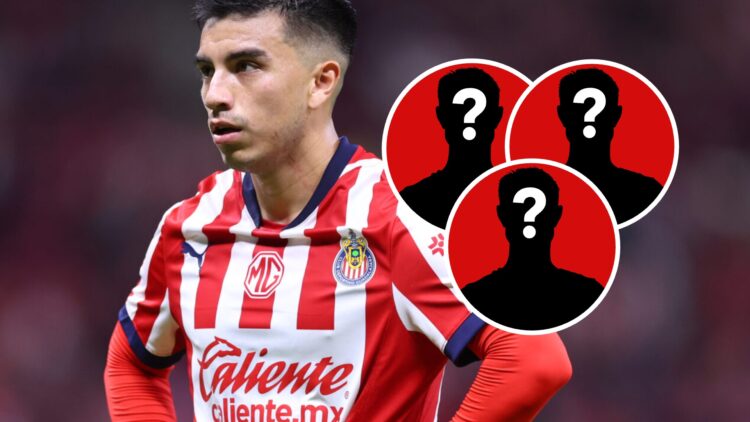 Fernando Beltrán, futbolista de Chivas de la Liga MX, y tres siluetas de tres jugadores misteriosos.