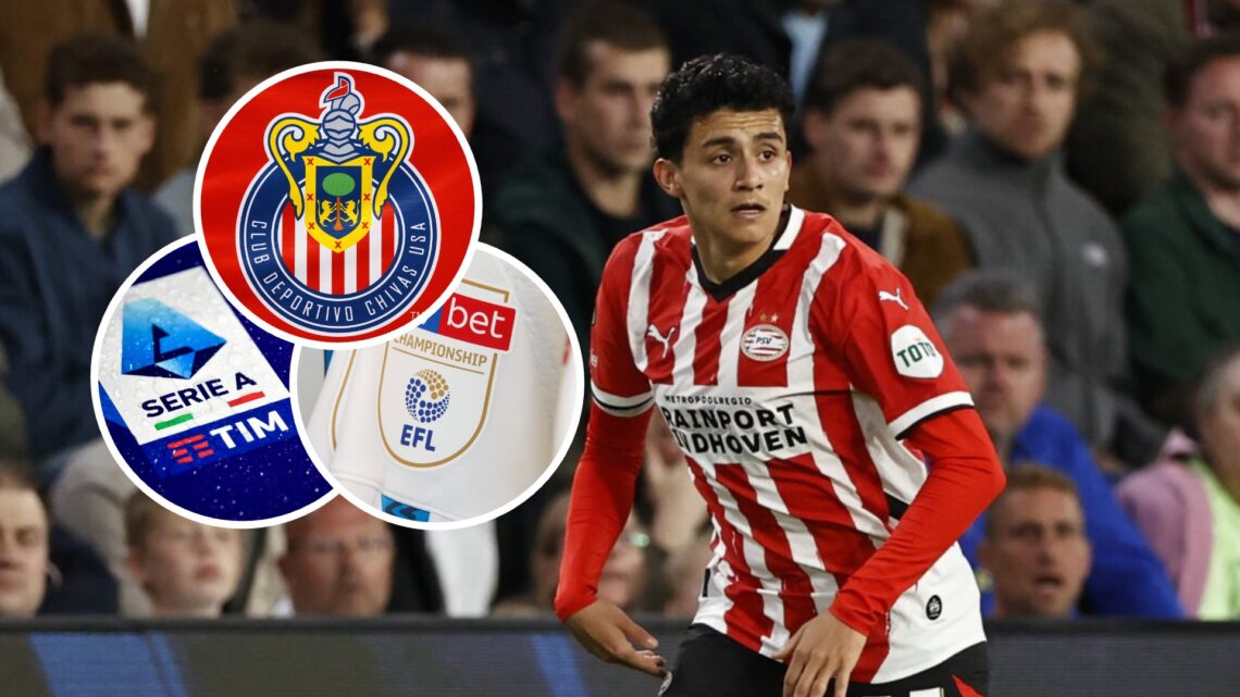 Richard Ledezma, futbolista del PSV Eindhoven. El escudo de Chivas, equipo de la Liga MX, y los logos de la Serie A de Italia, y el EFL Championshi...