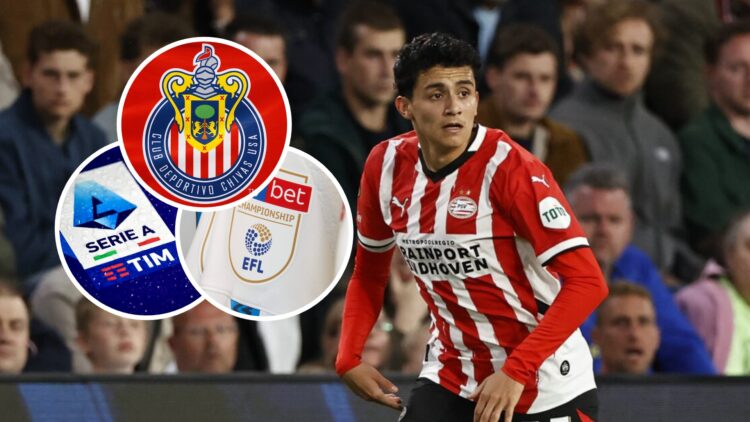 Richard Ledezma, futbolista del PSV Eindhoven. El escudo de Chivas, equipo de la Liga MX, y los logos de la Serie A de Italia, y el EFL Championshi...