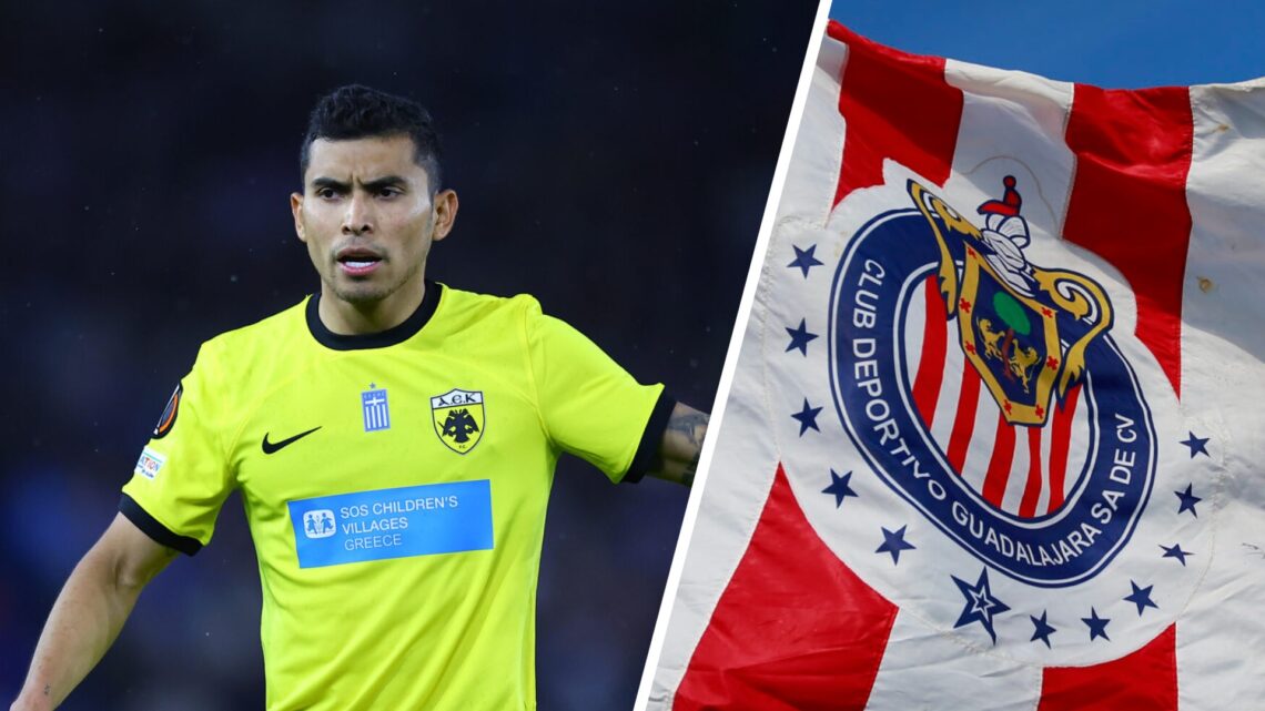 En la izquierda, Orbelín Pineda, futbolista del AEK Atenas. A la derecha, el escudo de Chivas, equipo de la Liga MX.