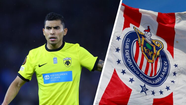 En la izquierda, Orbelín Pineda, futbolista del AEK Atenas. A la derecha, el escudo de Chivas, equipo de la Liga MX.