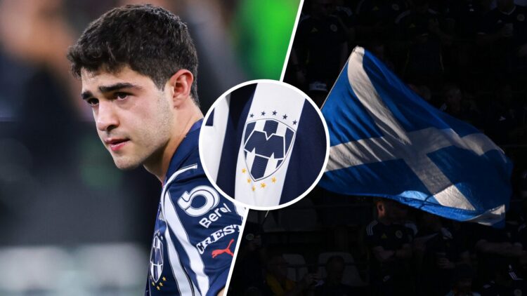 César Garza, futbolista de Monterrey cedido en el Dundee FC, la bandera de Escocia, y el escudo de Rayados, de la Liga MX.