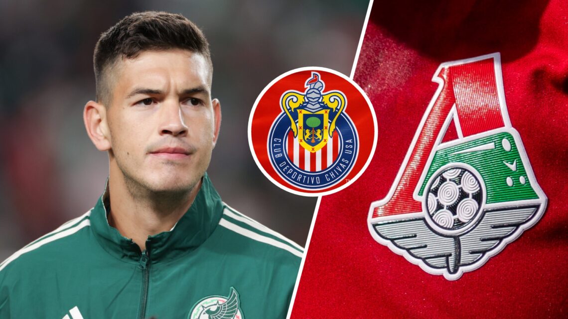 César Montes, futbolista mexicano del Lokomotiv de Moscú, y el escudo de Chivas, equipo de la Liga MX.
