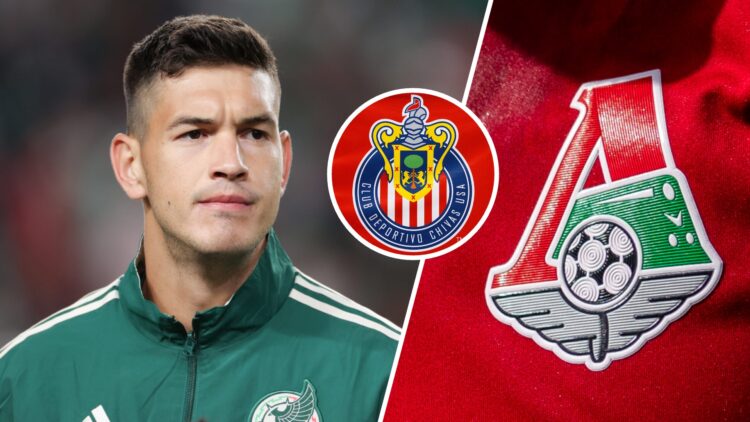 César Montes, futbolista mexicano del Lokomotiv de Moscú, y el escudo de Chivas, equipo de la Liga MX.