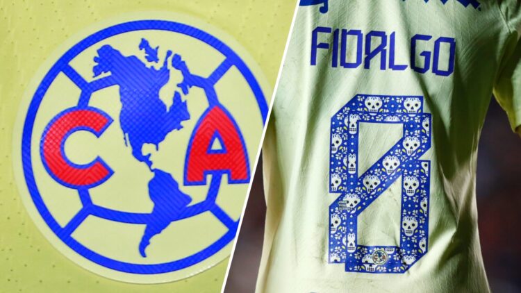 Izquierda: Escudo del Club América. Derecha: Álvaro Fidalgo de espaldas
