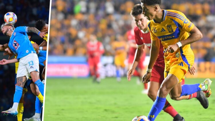 Gonzalo Piovi le gana de cabeza el balón a Rodrigo Aguirre en el último Cruz Azul vs América / Franco Romero y Ozziel Herrera pelean el balón en el...