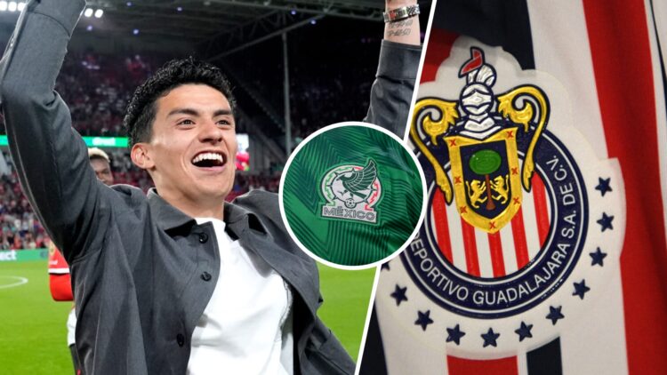 Richard Ledezma, futbolista del PSV Eindhoven. El escudo de Chivas, equipo de la Liga MX, y el escudo de la Selección Mexicana.