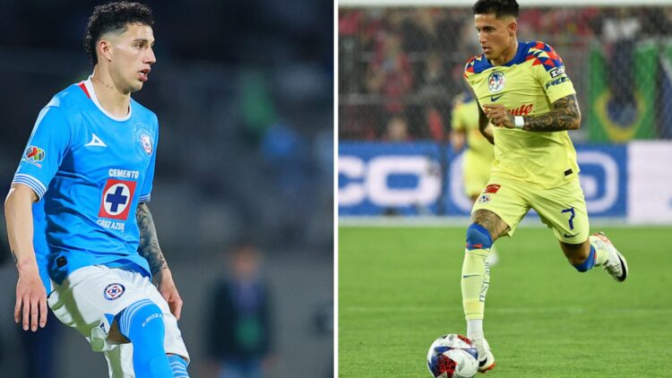 Jorge Sánchez controla el balón en el Cruz Azul vs América de las Semifinales / Brian Rodríguez conduce a velocidad con el América en la Leagues Cu...