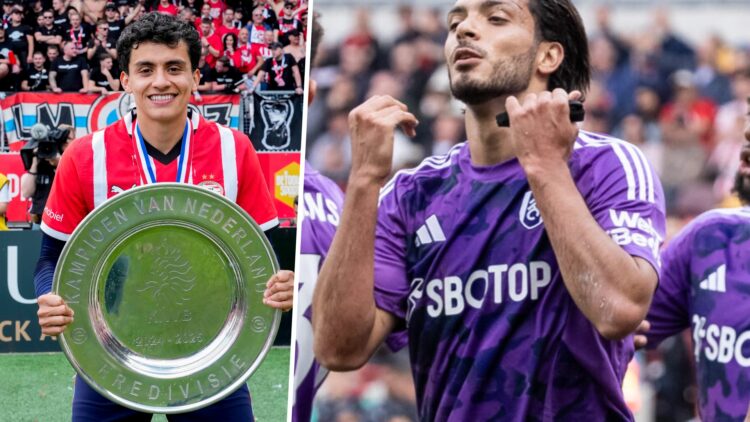 Richard Ledezma celebra el título con el PSV con el trofeo de la Eredivisie / Raúl Jiménez festeja su gol contra el Brentford