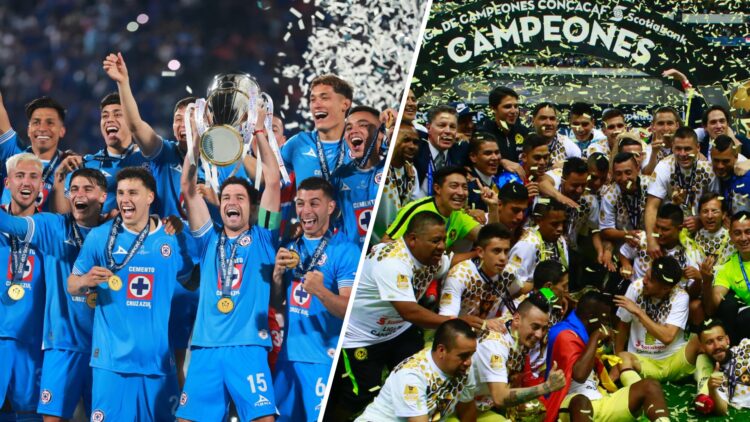Izquierda: Fotografía de Cruz Azul celebrando el título de la CONCACAF 2025. Derecha: Imagen de los jugadores del Club América festejando la Concac...