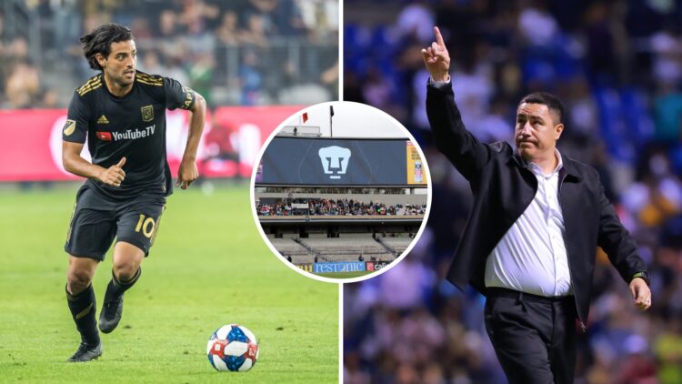Carlos Vela conduce el balón en un partido con el LAFC / Logo de Pumas en la pantalla del Estadio Olímpico Universitario / Efraín Juárez señala a l...