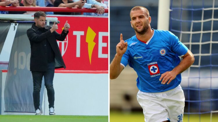 Nicolás Larcamón da instrucciones durante un partido del Necaxa en el Clausura 2025 / Emanuel Tito Villa celebra un gol con Cruz Azul en el Apertur...