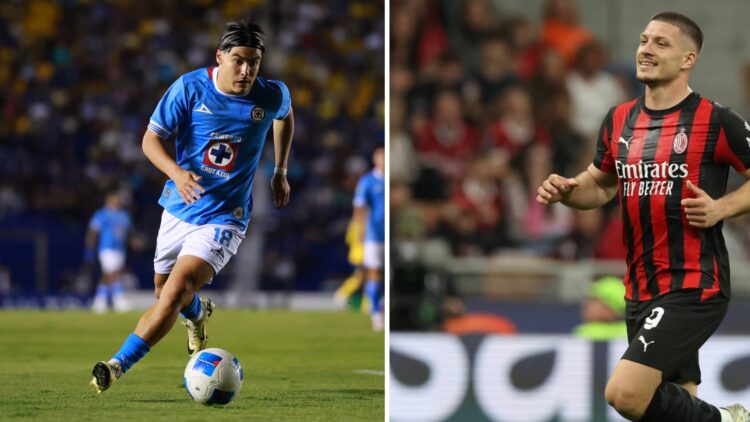 Luka Romero conduce el balón en la Concacaf Champions Cup con Cruz Azul / Luka Jovic en un partido de Serie A con el Milan
