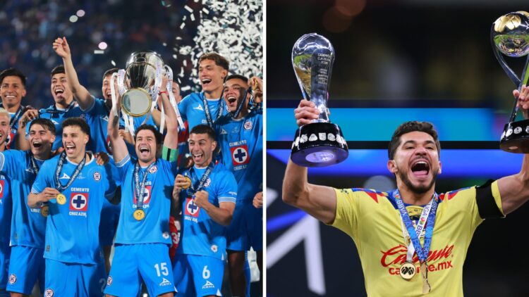Izquierda: Cruz Azul en los festejos tras ganar la final de la Concacaf Champions Cup. Derecha: Henry Martín levantando el título del Apertura 2024