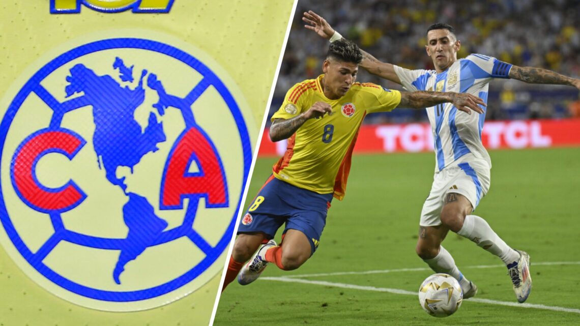 Izquierda: Escudo del Club América en una de sus playeras. Derecha: Ángel Di María y Jorge Carrascal disputan un balón en Copa América