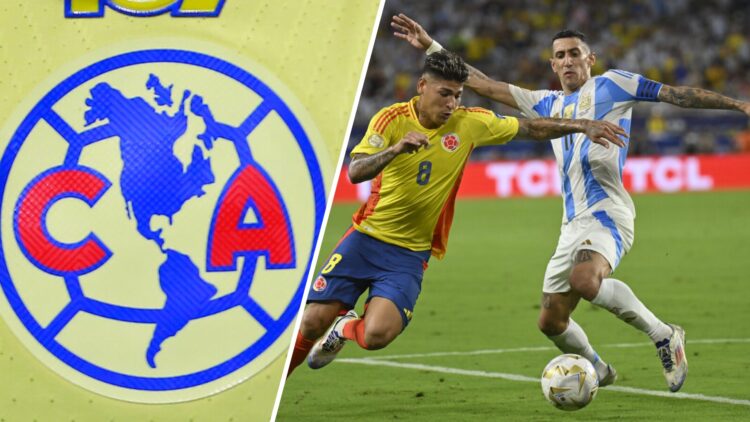 Izquierda: Escudo del Club América en una de sus playeras. Derecha: Ángel Di María y Jorge Carrascal disputan un balón en Copa América