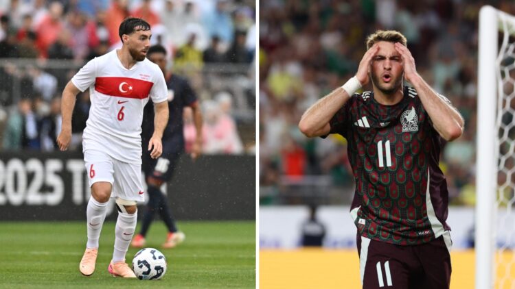 Orkun Kökcü en un partido con la Selección de Turquía / Santiago Giménez se lamenta en un juego con la Selección Mexicana