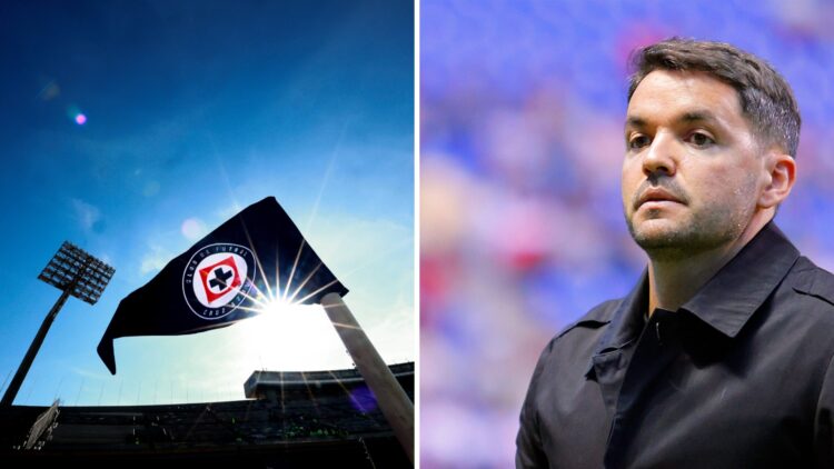 Banderín de Cruz Azul en un partido en el Estadio Olímpico Universitario / Nicolás Larcamón en un juego con el Necaxa