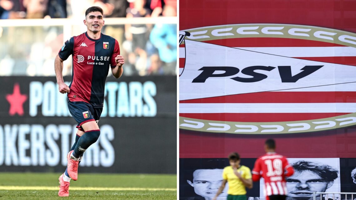 Johan Vásquez tras marcar un gol contra el Empoli en la Serie A / Bandera del PSV en un partido de la Eredivisie