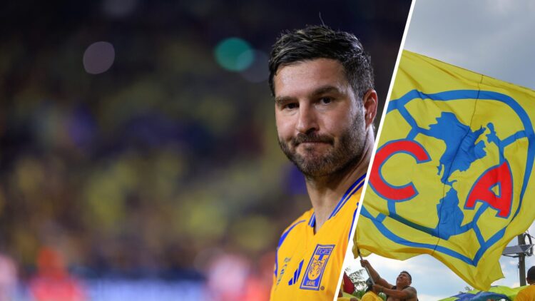 André-Pierre Gignac, jugador de los Tigres, junto a una bandera del Club América afuera del Estadio Azteca