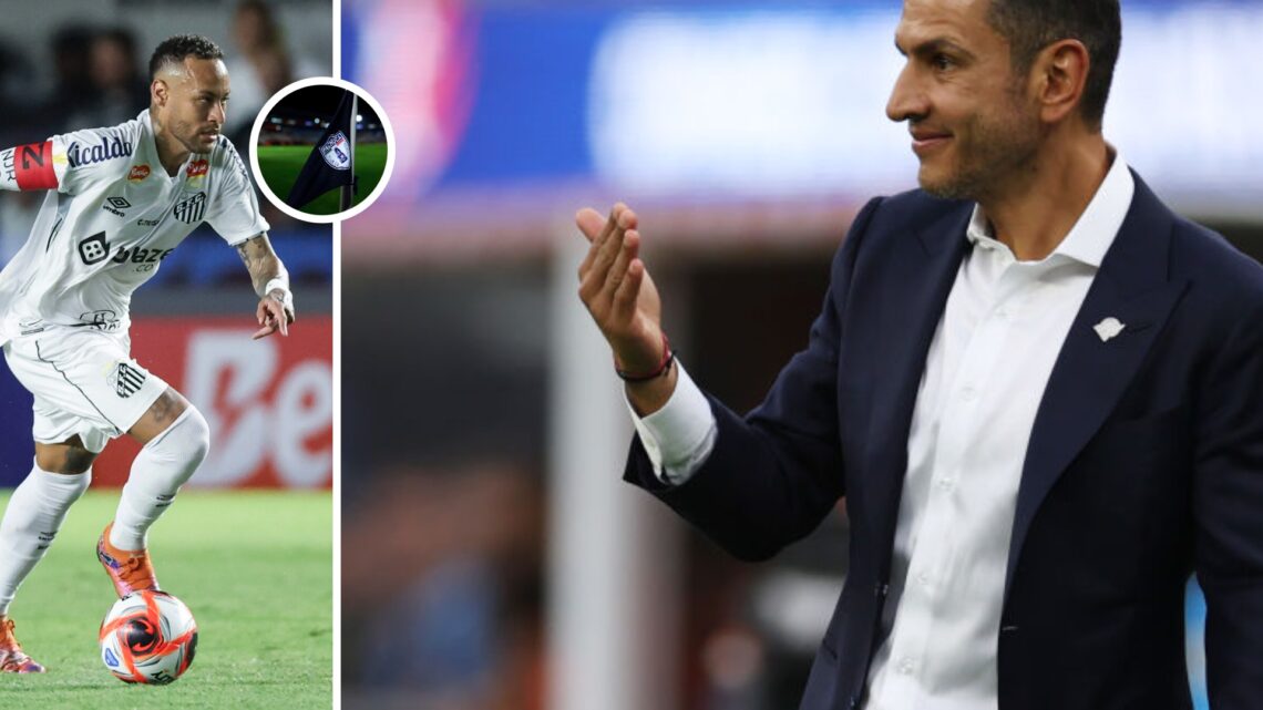 Neymar conduce el balón en un partido con el Santos de Brasil / Logo del Pachuca en el banderín del tiro de esquina en el Estadio Hidalgo / Jaime L...